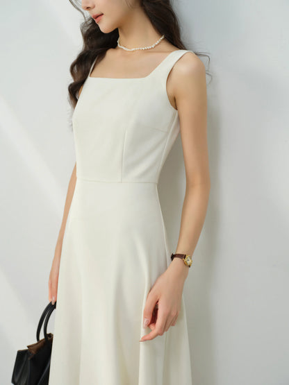 Elegant White Maxi Dress Square Neck Sleeveless Long Dress Summer Slim Fit Waist Dress for Petite Women Hepburn Style Fashion - Mod Yours