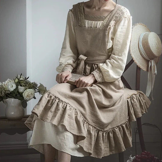 French Retro Pastoral Style Apron for Women's Home Kitchen Cleaning Anti Fouling Apron Flower Shop Studio Flounce Work Clothes - Mod Yours