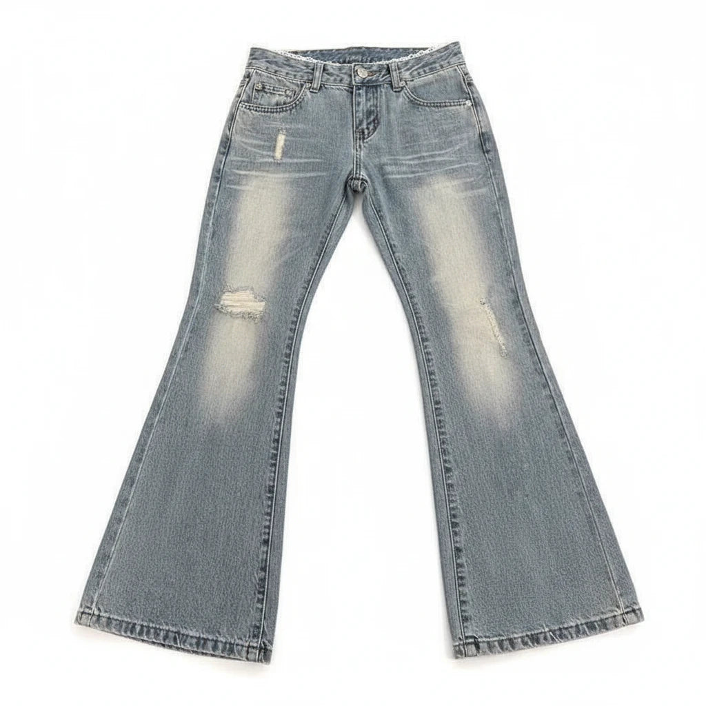 plus Size American Low Waist Extended Bell Bottom Jeans Women Summer New High Street Slim Fit Commute Floor-Length Retro Lace