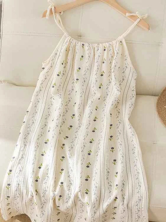Summer Thin Cotton Nightgown Women's Dressy Smocked Strap Sleepwear Floral Print Pure Cotton Gauze Small Size Nightgown