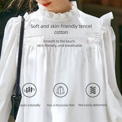 OLrain Long Puffed Sleeves Shirts Women Loose Straight Blouses 2026 Autumn New Solid Lace Neck Chiffon Office Lady M56QC93093 - Mod Yours