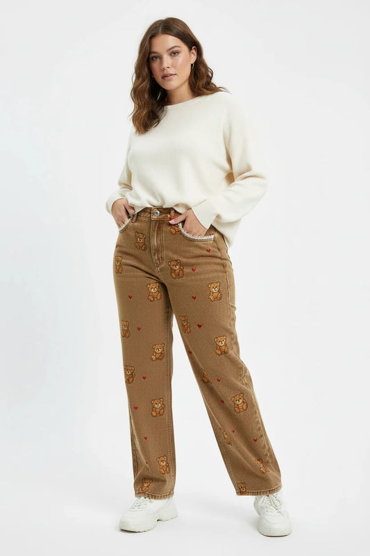 Lace Teddy Bear Embroidered Patchwork Design Wide leg Jeans 2025 Spring New High Waisted fit Slimming Casual Jeans for Commuting