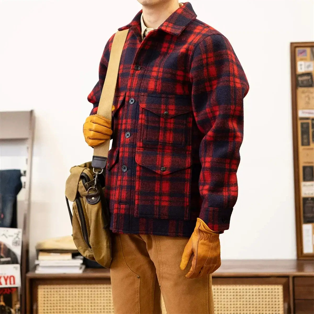 Red Tornado Woolen Plaid Jacket, Heritage Style Mens Red/Blue Checked Work Coat Thick Flannel worn casually with gloves and a bag.