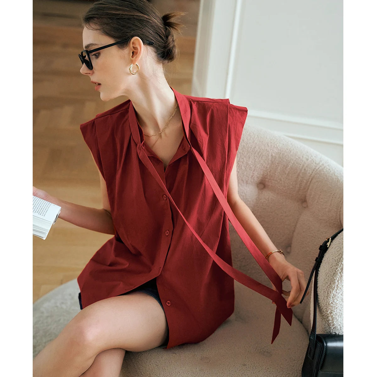 OLrain Women's Summer Red Shirts 2026 Elegant Stand Up Bow Neck Short Sleeve Commuter Ladies Tops Female Clothing O57XC92393 - Mod Yours