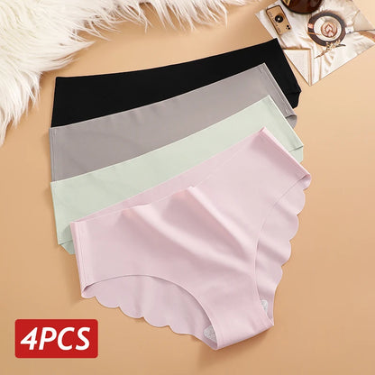 Seamless Panties 4PCS/Set Women's Briefs Solid Color Elastic Underwear Female Ultra Thin No Trace Wavy Side Panties