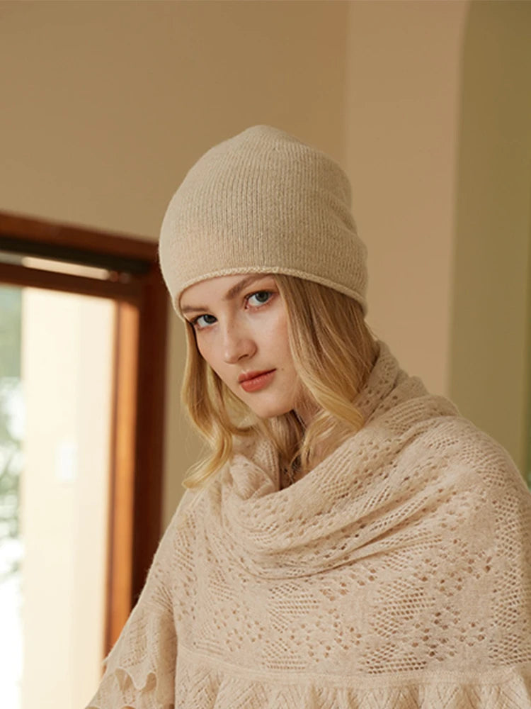 Unibody 100% Cashmere Beanies Simple Basic Solid Women Caps Rolled Hem Hat Knit Hat Winter Spring Warm Sleep Unisex Hair Bonnet