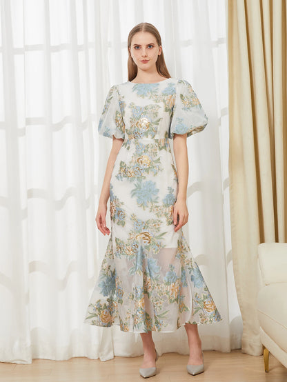 DEVCHATA Elegant Floral Organza Fishtail Long Dress Maxi Luxury Mermaid Evening Dress Puff Sleeve Fashion Slim Party Club Dress - Mod Yours