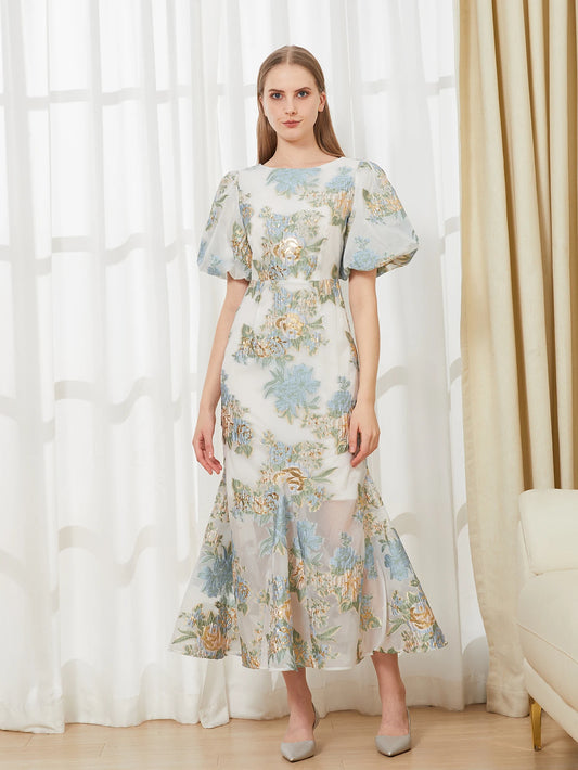 DEVCHATA Elegant Floral Organza Fishtail Long Dress Maxi Luxury Mermaid Evening Dress Puff Sleeve Fashion Slim Party Club Dress - Mod Yours