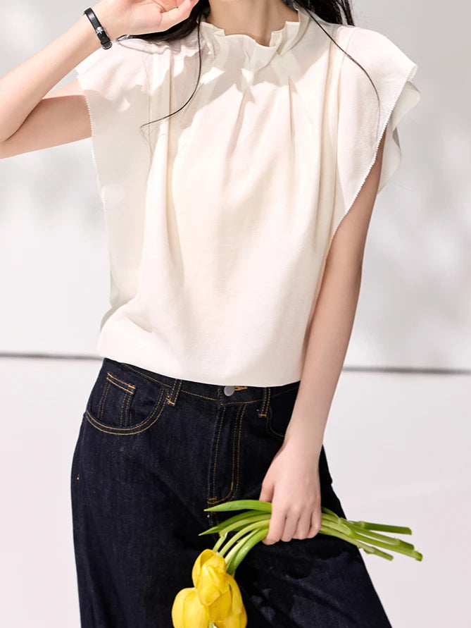 Sheree Ruffled Stand Collar Pleated Women's T-shirt - Mod Yours