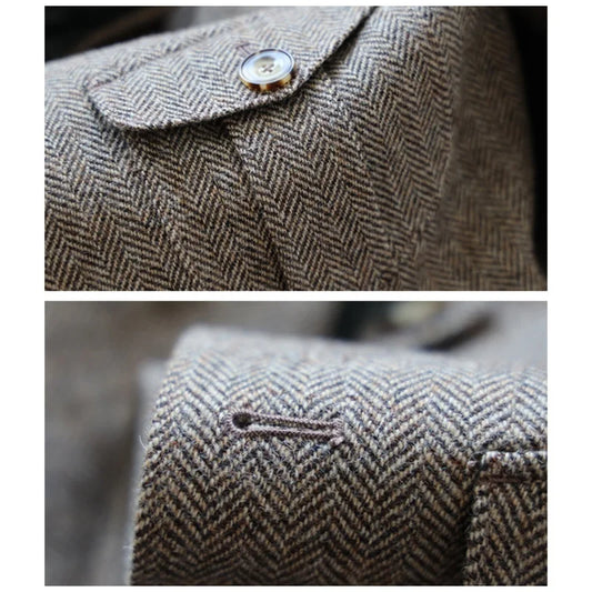 Vintage British Herringbone Tweed Tweed Hunting Casual Stand Collar Multiple Pockets Jacket Men's Suit Thick Everyday Blaze