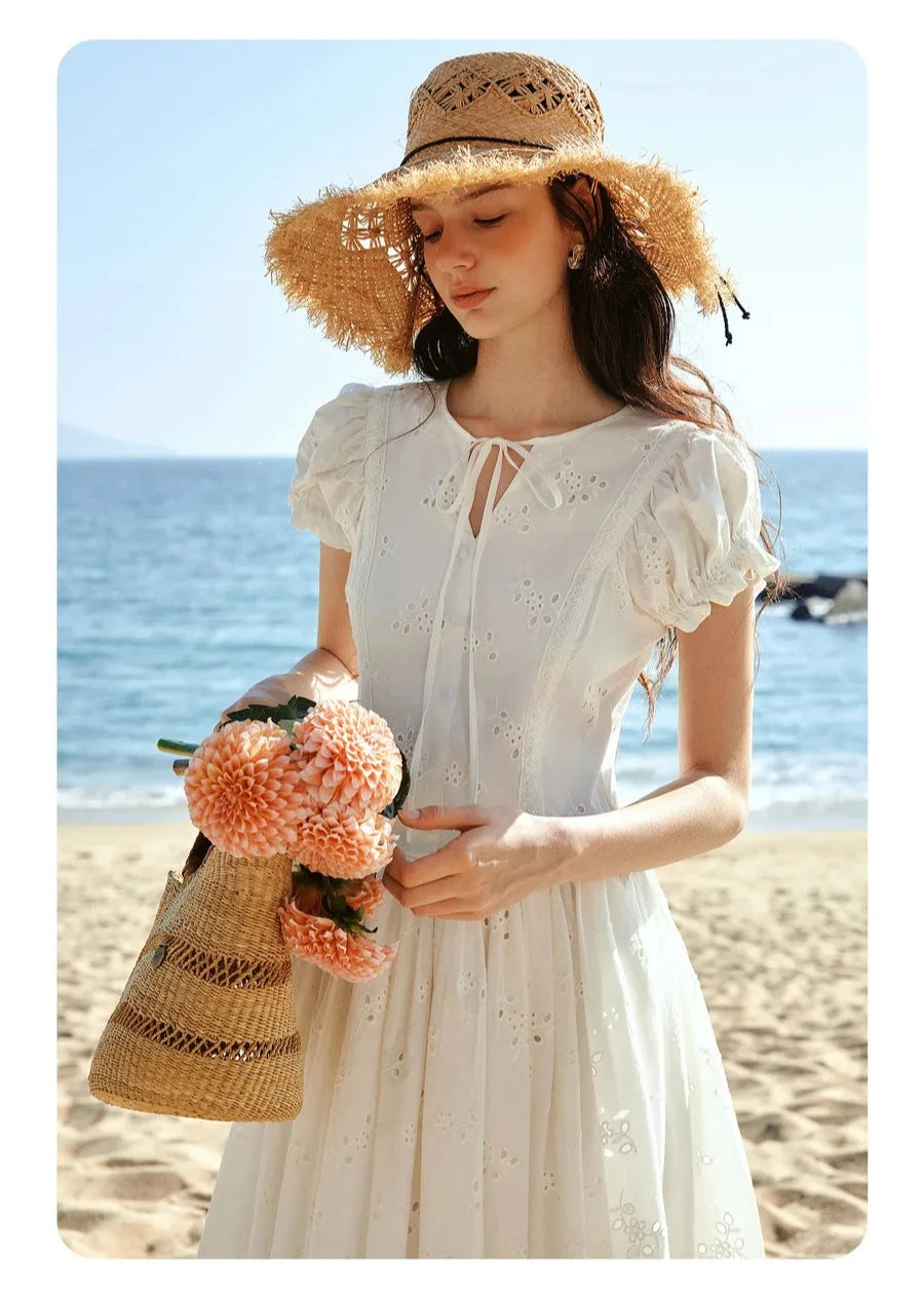 Sweet French White Midi Dress, Summer Embroidery Cotton - Mod Yours