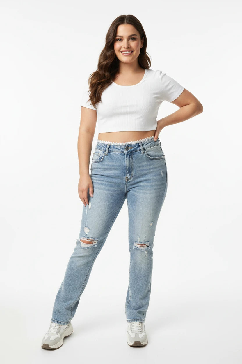 plus Size High Waist Blue Denim Jeans Women's Straight Leg Bootcut Pants Spring Summer Faion Retro American Sle