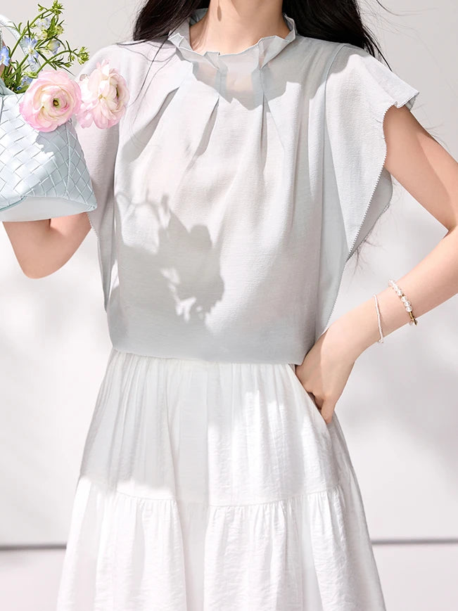 Sheree Ruffled Stand Collar Pleated Women's T-shirt - Mod Yours