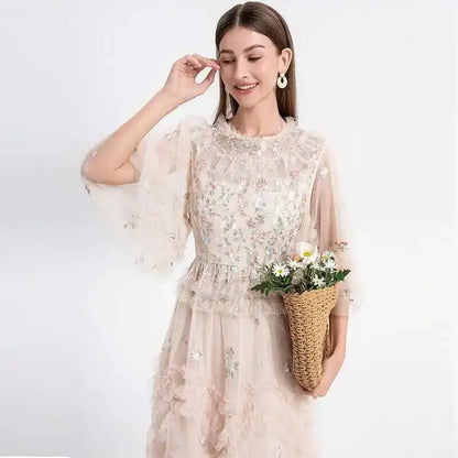 Atelier Vestidos - Midi Embroidery Flower Ruffles Midi Party Dress - Mod Yours
