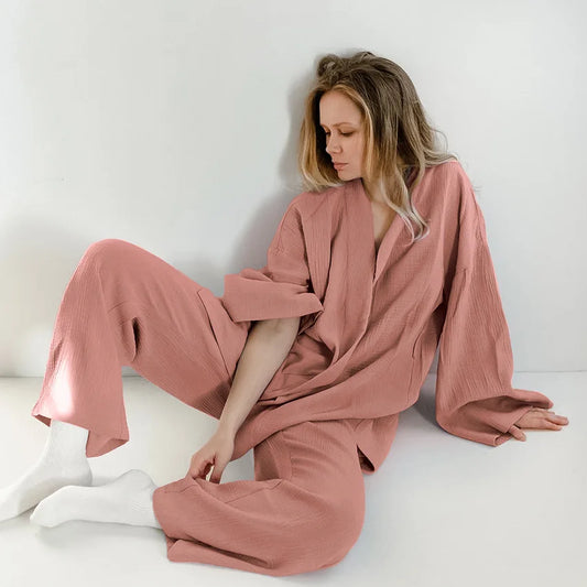 Kimono Pajamas 100% Cotton Crepe Long-Sleeved Trousers Sleepwear Suit Women