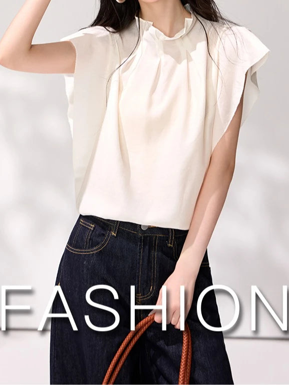Sheree Ruffled Stand Collar Pleated Women's T-shirt - Mod Yours