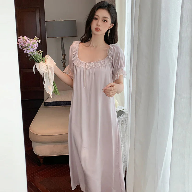 Sweet Ice Silky Nightdress, Women Satin Round Neck Nightgown Princess Sleepwear Nightwear Sexy Short Sleeve Night Dress