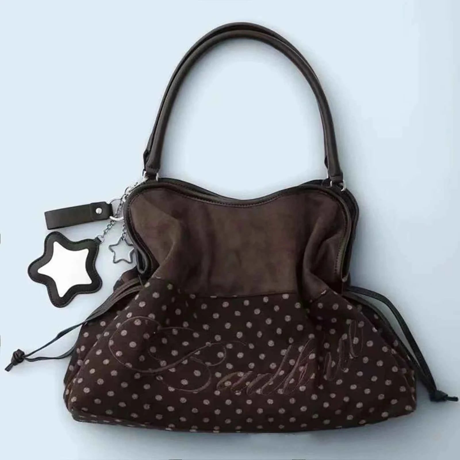 Korean BadBlue Embroidered Leopard Print Tote Bag Large Capacity Shoulder Bag with Star Mirror Pendant Y2K Trendy Women Handbag