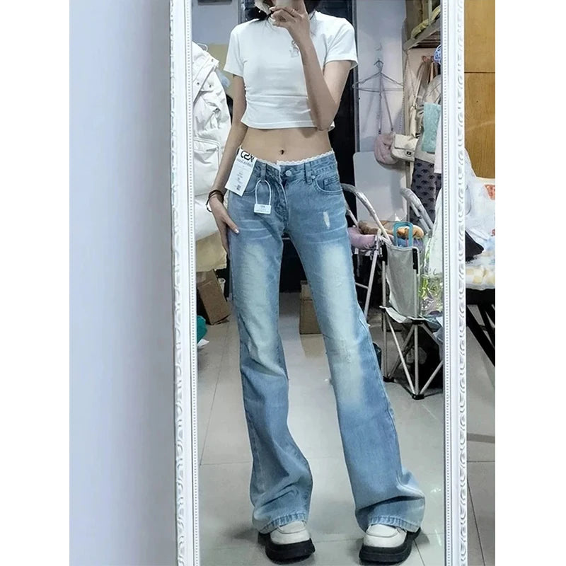 plus Size High Waist Blue Denim Jeans Women's Straight Leg Bootcut Pants Spring Summer Faion Retro American Sle