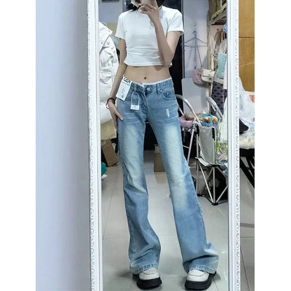 plus Size High Waist Blue Denim Jeans Women's Straight Leg Bootcut Pants Spring Summer Faion Retro American Sle