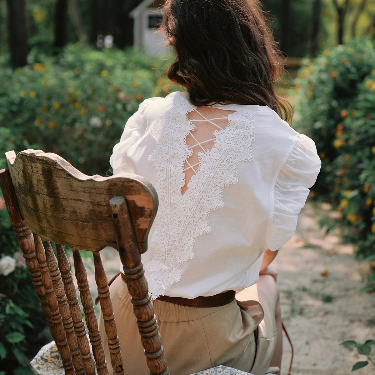OLrain French Casual Crew Neck Short Sleeve T-Shirt Women 2026 Spring New Fashion Backless Cut Out Lace Trim Top O57XT99198 - Mod Yours