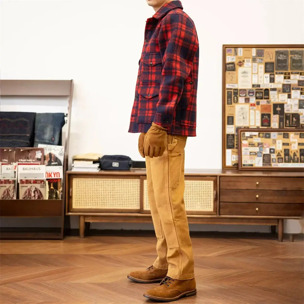Red Tornado Woolen Plaid Jacket, Heritage Style Mens Red/Blue Checked Work Coat Thick Flannel worn with brown gloves and tan pants.