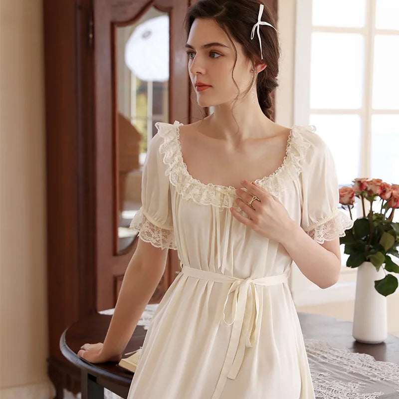 Sweet Ice Silky Nightdress, Women Satin Round Neck Nightgown Princess Sleepwear Nightwear Sexy Short Sleeve Night Dress