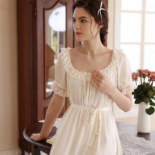 Sweet Ice Silky Nightdress, Women Satin Round Neck Nightgown Princess Sleepwear Nightwear Sexy Short Sleeve Night Dress