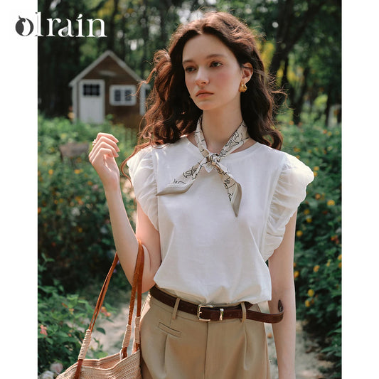 OLrain French Casual Crew Neck Short Sleeve T-Shirt Women 2026 Spring New Fashion Backless Cut Out Lace Trim Top O57XT99198 - Mod Yours