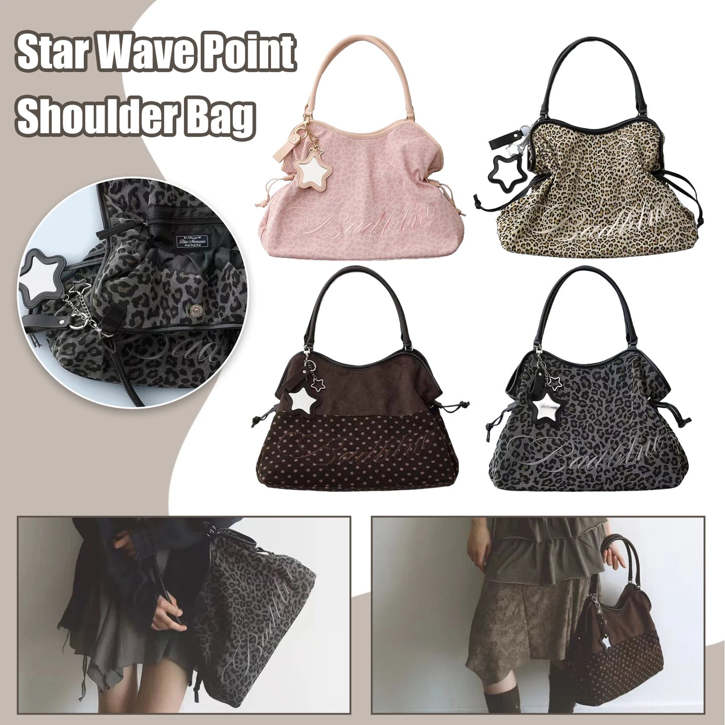 BadBlue Embroidered Leopard Print Tote Bag Large Capacity Shoulder Bag with Star Mirror Pendant Y2K Trendy Women Handbag