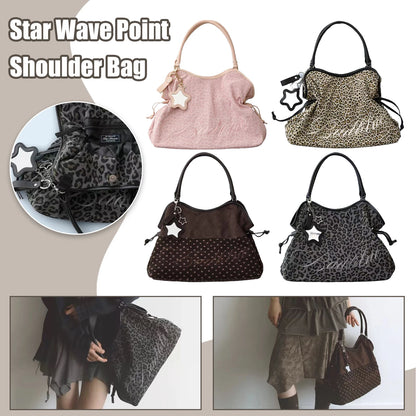 BadBlue Embroidered Leopard Print Tote Bag Large Capacity Shoulder Bag with Star Mirror Pendant Y2K Trendy Women Handbag