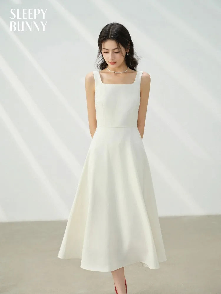 Elegant White Maxi Dress Square Neck Sleeveless Long Dress Summer Slim Fit Waist Dress for Petite Women Hepburn Style Fashion - Mod Yours