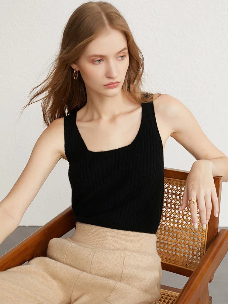 Ribbed Tanks 100% Baby Cashmere Elastic Tank Top Cami Square Neck Knit Camis Feminine All-Match Camisole