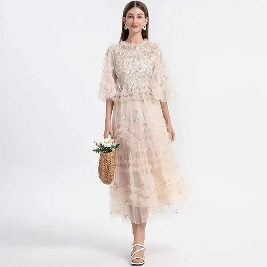 Atelier Vestidos - Midi Embroidery Flower Ruffles Midi Party Dress - Mod Yours