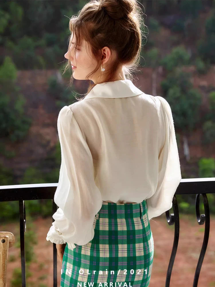 OLrain Puff Sleeve Shirt Women Autumn 2026 Elegant Solid Long Sleeve Tops Pleats Button Lightweight Ladies Blouse O21QC52660 - Mod Yours