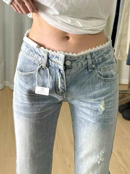 plus Size High Waist Blue Denim Jeans Women's Straight Leg Bootcut Pants Spring Summer Faion Retro American Sle