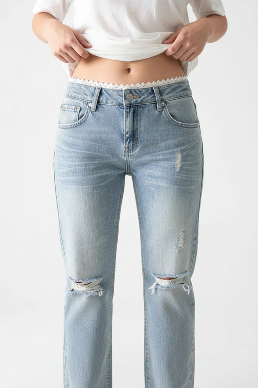 plus Size High Waist Blue Denim Jeans Women's Straight Leg Bootcut Pants Spring Summer Faion Retro American Sle
