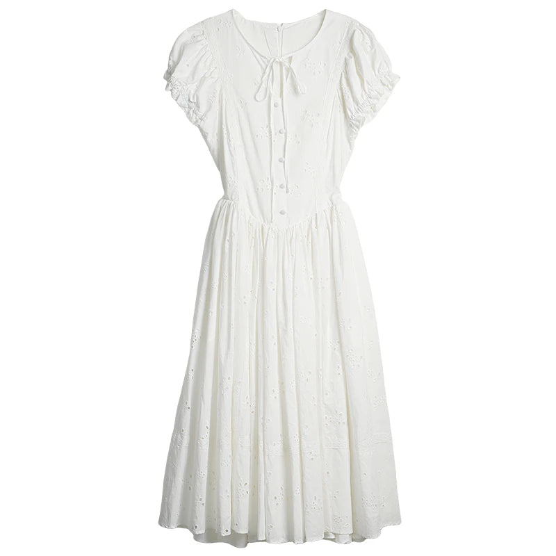 Sweet French White Midi Dress, Summer Embroidery Cotton - Mod Yours
