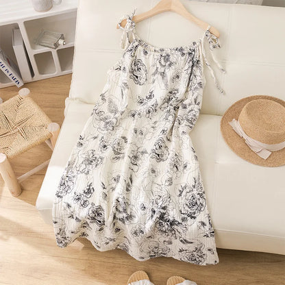 Summer Thin Cotton Nightgown Women's Dressy Smocked Strap Sleepwear Floral Print Pure Cotton Gauze Small Size Nightgown