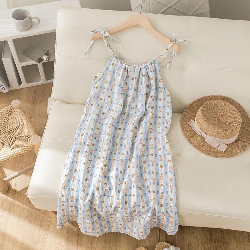 Summer Thin Cotton Nightgown Women's Dressy Smocked Strap Sleepwear Floral Print Pure Cotton Gauze Small Size Nightgown
