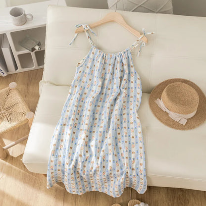Summer Thin Cotton Nightgown Women's Dressy Smocked Strap Sleepwear Floral Print Pure Cotton Gauze Small Size Nightgown