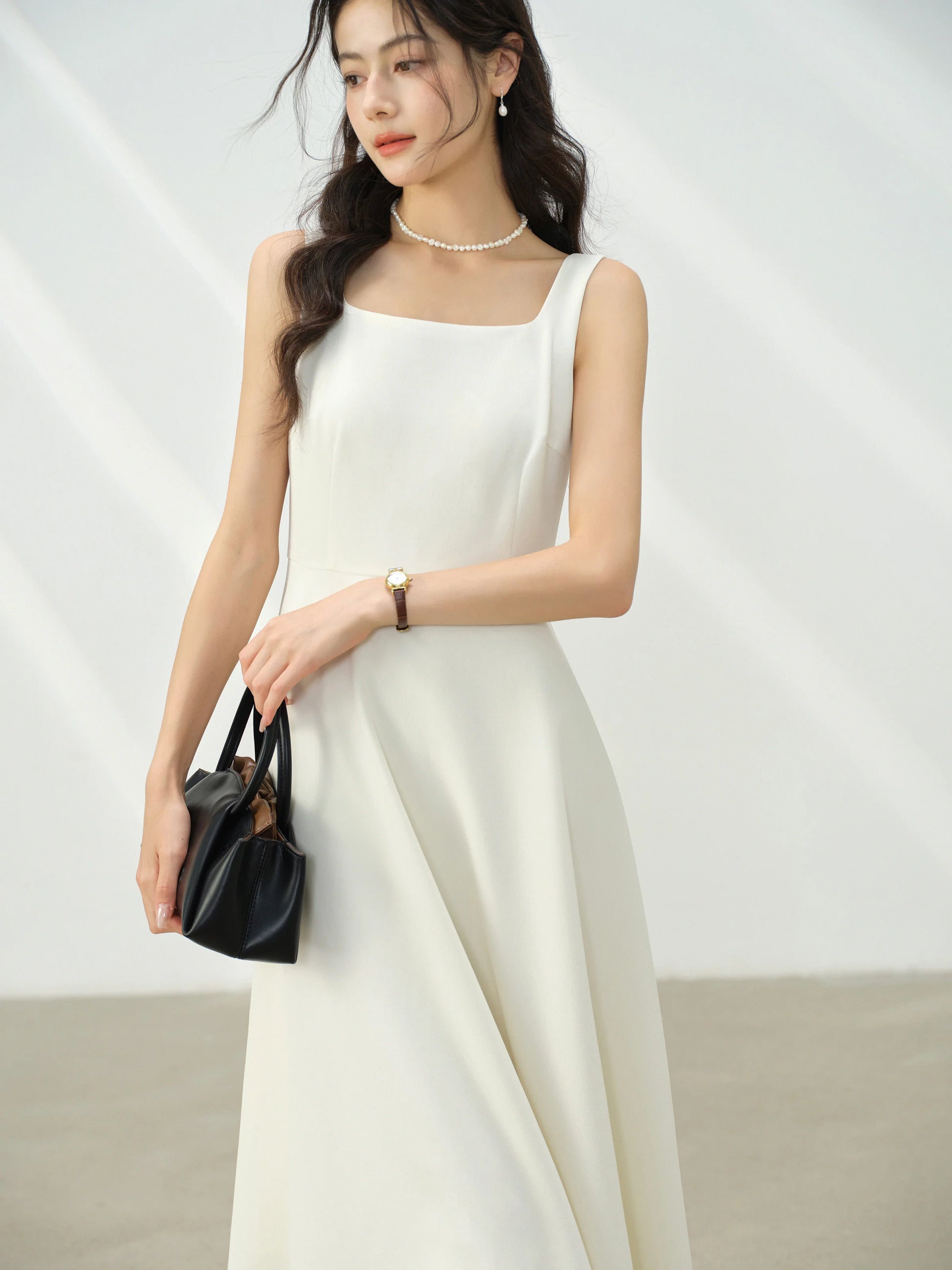 Elegant White Maxi Dress Square Neck Sleeveless Long Dress Summer Slim Fit Waist Dress for Petite Women Hepburn Style Fashion - Mod Yours