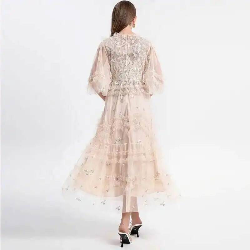 Atelier Vestidos - Midi Embroidery Flower Ruffles Midi Party Dress - Mod Yours
