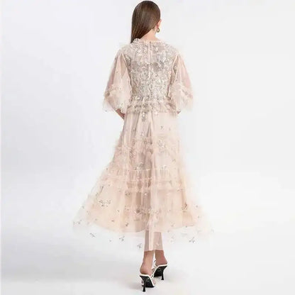 Atelier Vestidos - Midi Embroidery Flower Ruffles Midi Party Dress - Mod Yours
