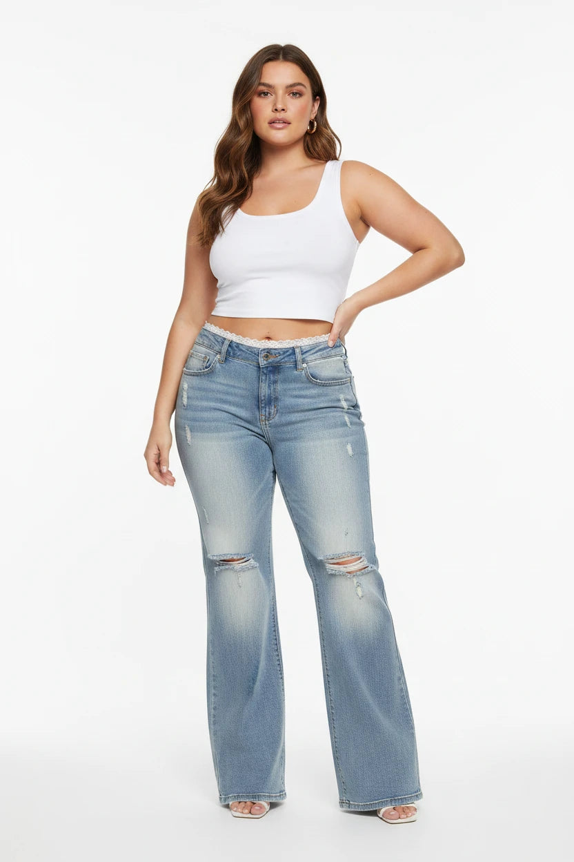 plus Size American Low Waist Extended Bell Bottom Jeans Women Summer New High Street Slim Fit Commute Floor-Length Retro Lace