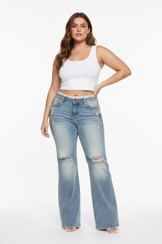 plus Size American Low Waist Extended Bell Bottom Jeans Women Summer New High Street Slim Fit Commute Floor-Length Retro Lace