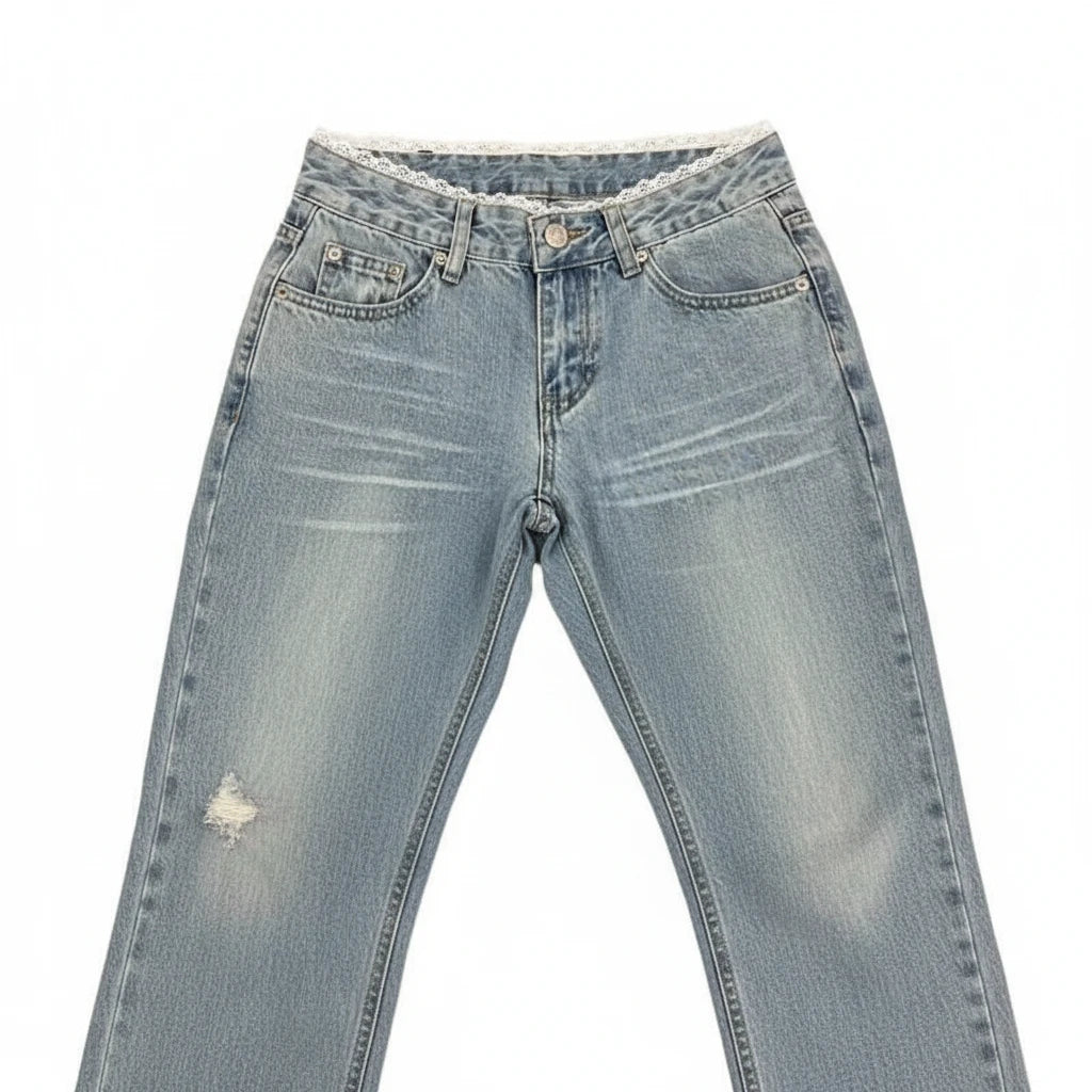 plus Size American Low Waist Extended Bell Bottom Jeans Women Summer New High Street Slim Fit Commute Floor-Length Retro Lace
