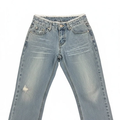 plus Size American Low Waist Extended Bell Bottom Jeans Women Summer New High Street Slim Fit Commute Floor-Length Retro Lace