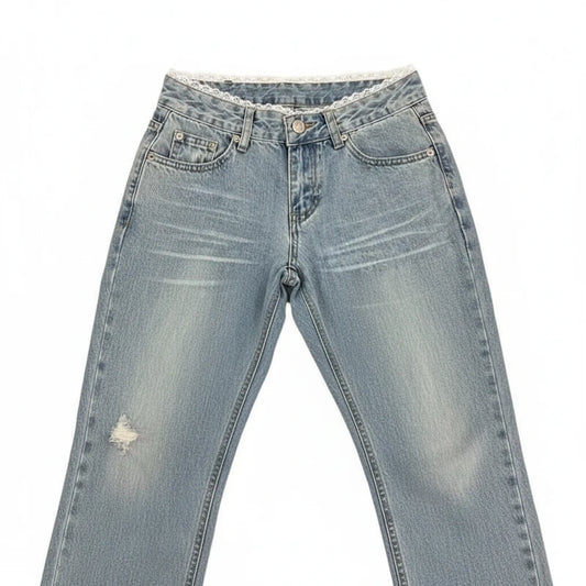 plus Size American Low Waist Extended Bell Bottom Jeans Women Summer New High Street Slim Fit Commute Floor-Length Retro Lace