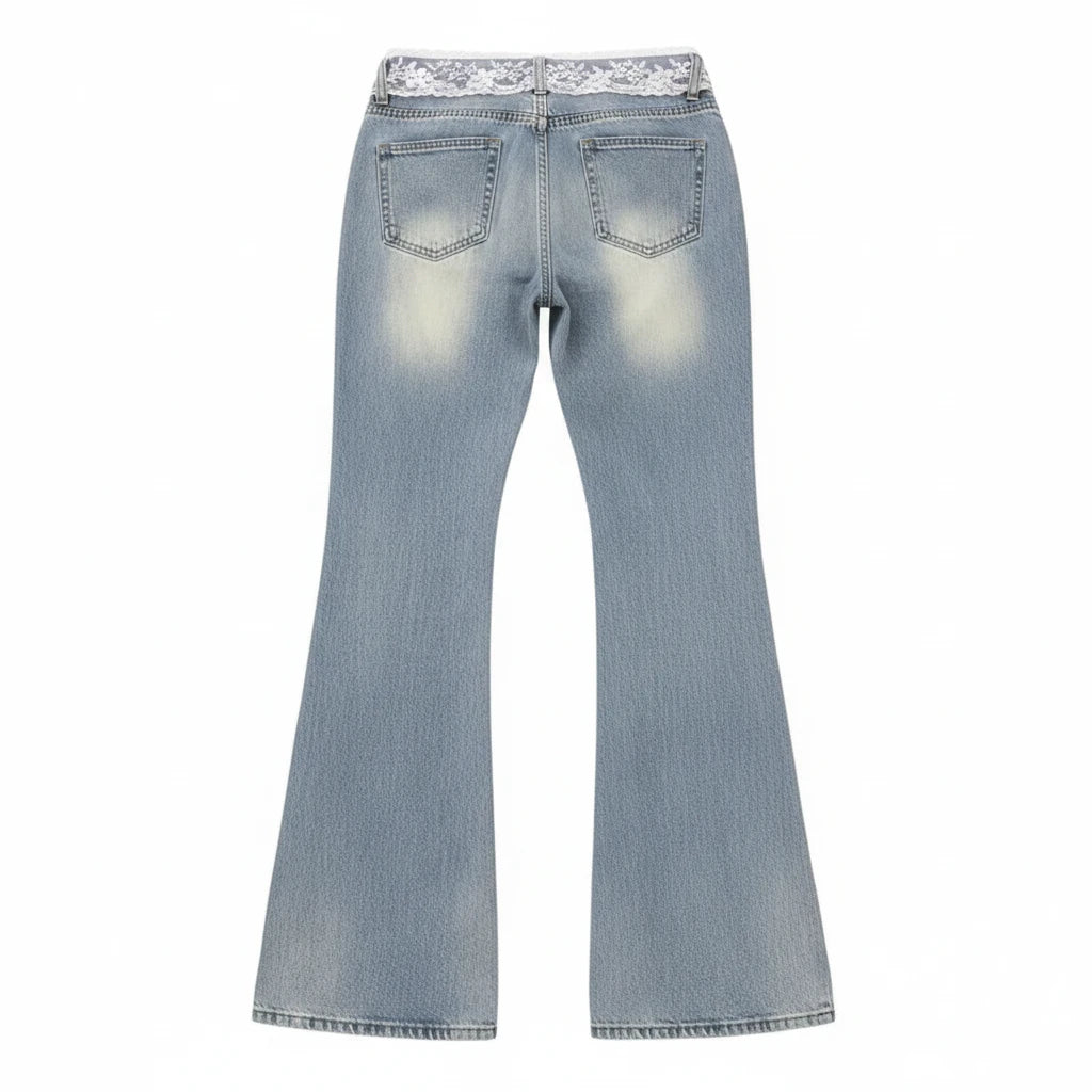 Retro Plus American Low Waist Extended Bell Bottom Jeans Women Summer New High Street Slim Fit Commute Floor-Length Lace